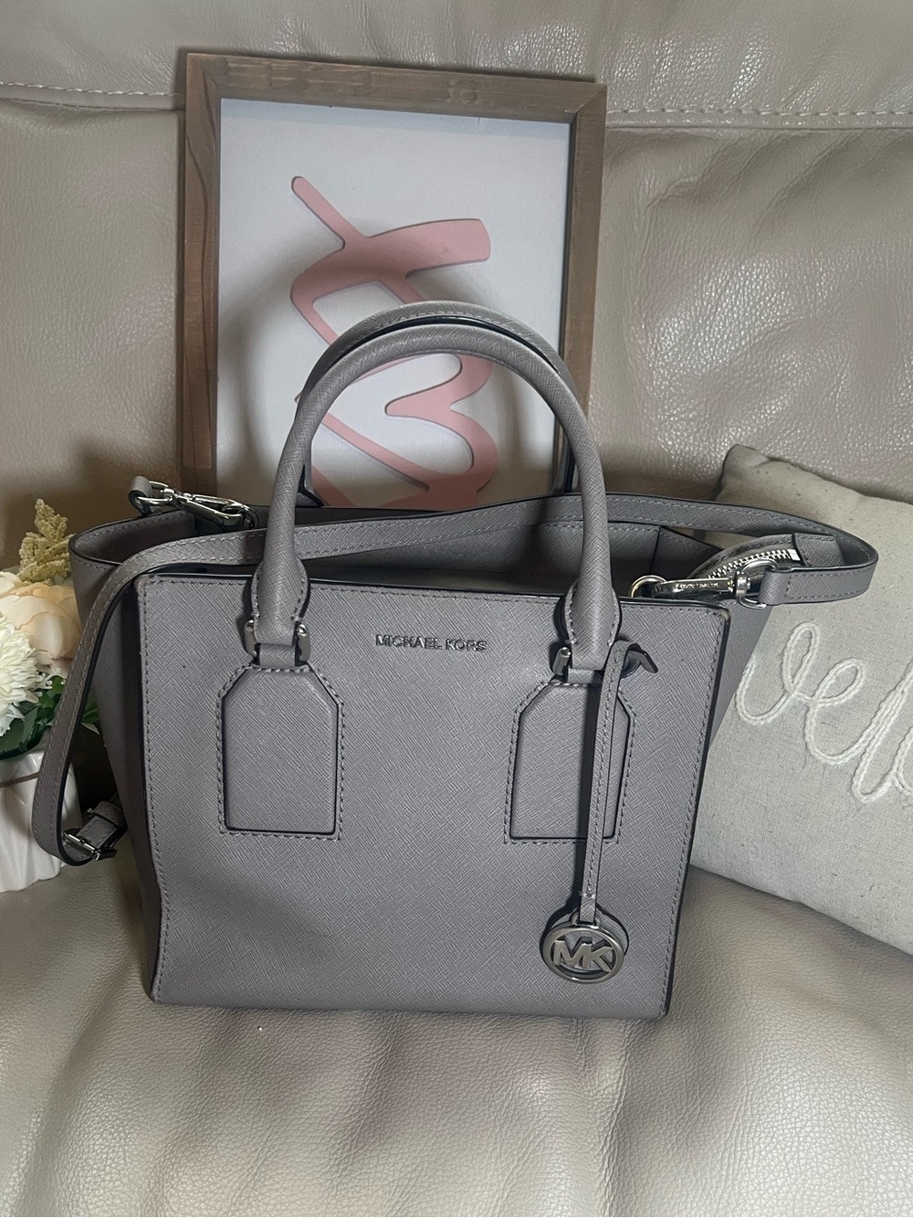 MICHAEL KORS Pearl Grey Selby Satchel with MK Charm